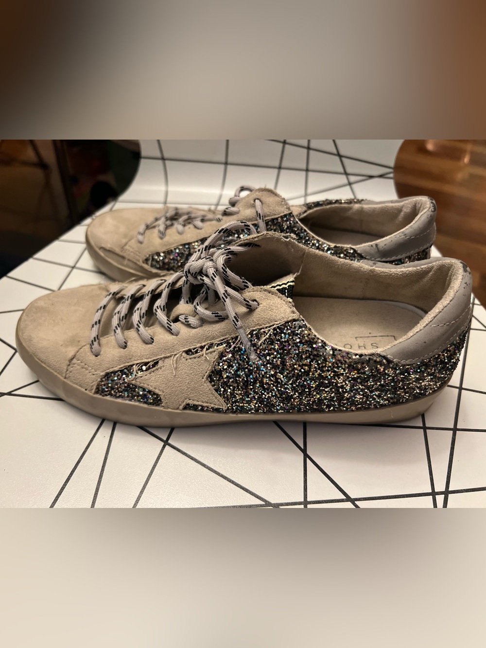 Shu Shop Perry Pewter & black Glitter Panel Beige Star detail Sneakers 8.5